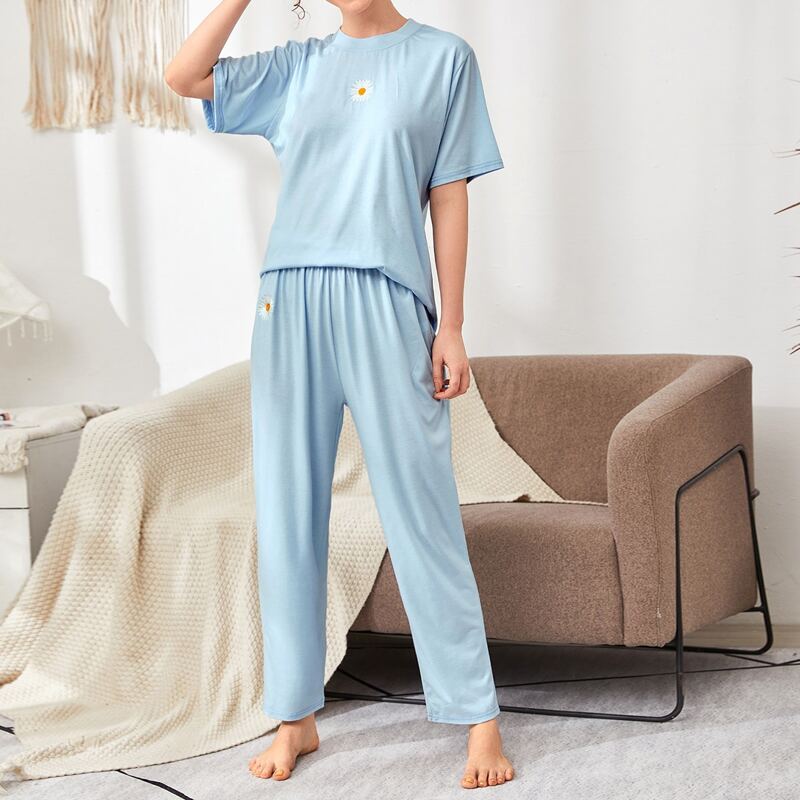 

Floral Embroidery Detail PJ Set, Blue