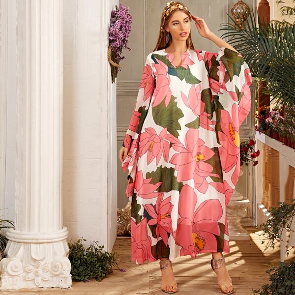 

Large Floral Print Batwing Sleeve Kaftan Dress, Multicolor