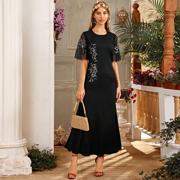 

Contrast Mesh Floral Embroidery Dress, Black