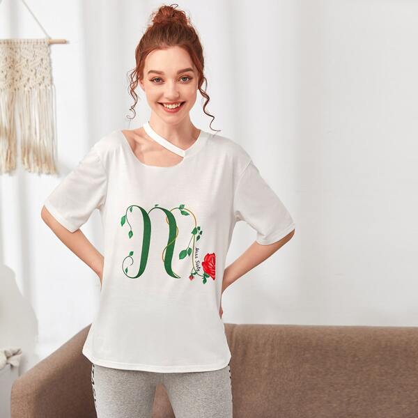 

Choker Neck Floral & Letter Graphic Tee, White