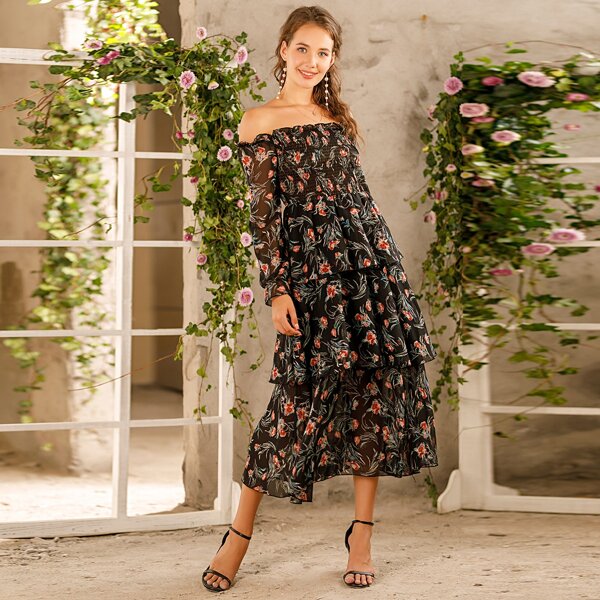 

Floral Print Layered Hem Chiffon Bardot Dress, Black