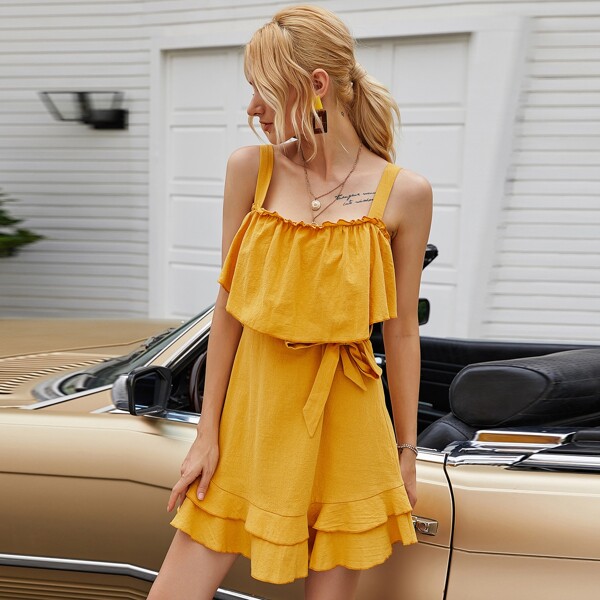 

Ruffle Trim Self Tie Cami Dress, Yellow