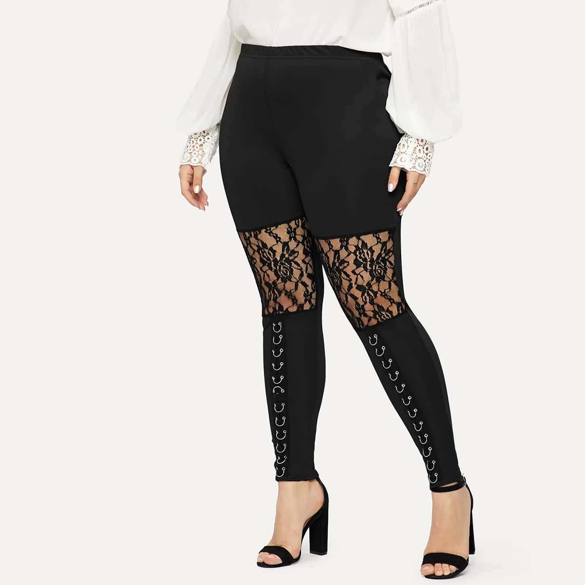 Plus Lace Panel Grommet Skinny Pants thumbnail