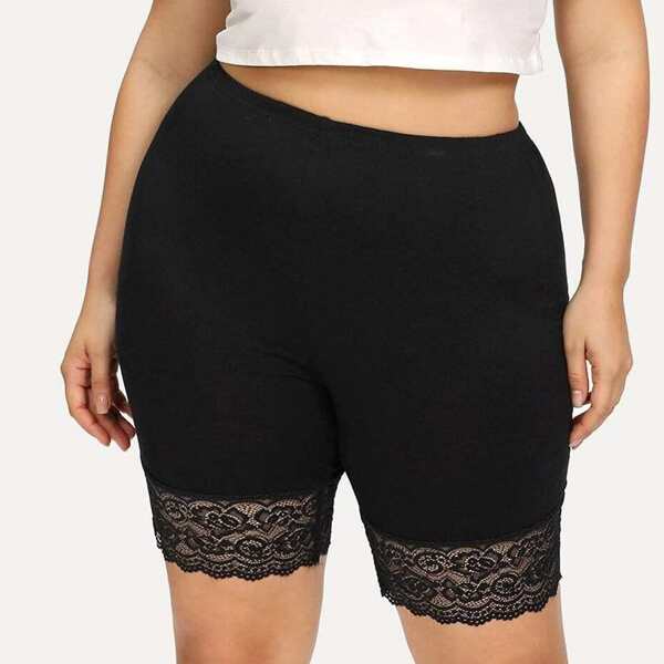 

Plus Lace Panel High Waist Biker Shorts, Black