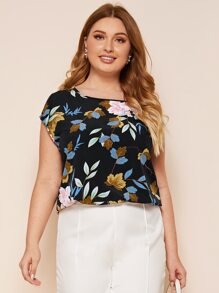 SHEIN LUNE Plus Batwing Sleeve Botanical Print Top - Black - View 3