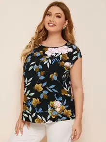 SHEIN LUNE Plus Batwing Sleeve Botanical Print Top - Black - View 5