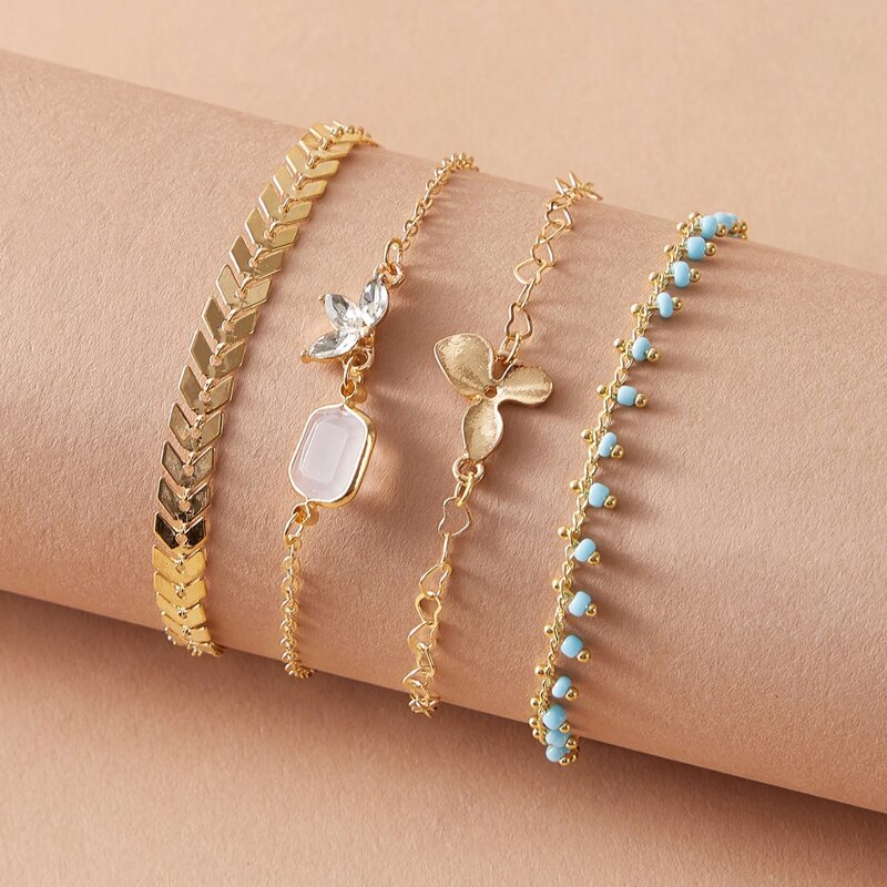 

4pcs Gemstone Engraved & Flower Decor Bracelet, Gold