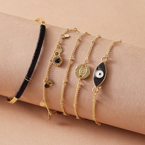 

5pcs Eye & Disc Decor Bracelet, Gold