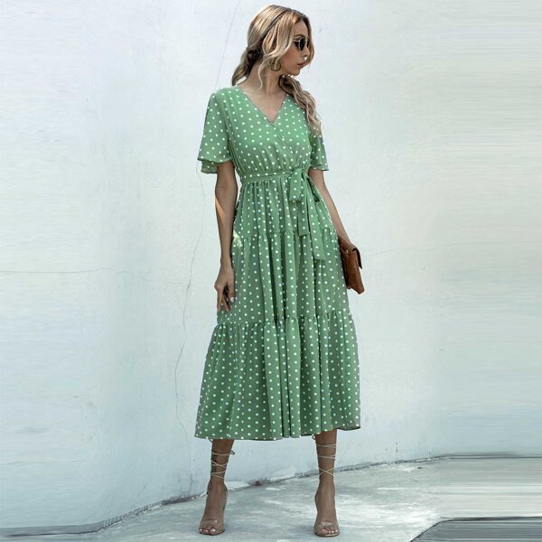 

Polka Dot Ruffle Hem Belted Dress, Green