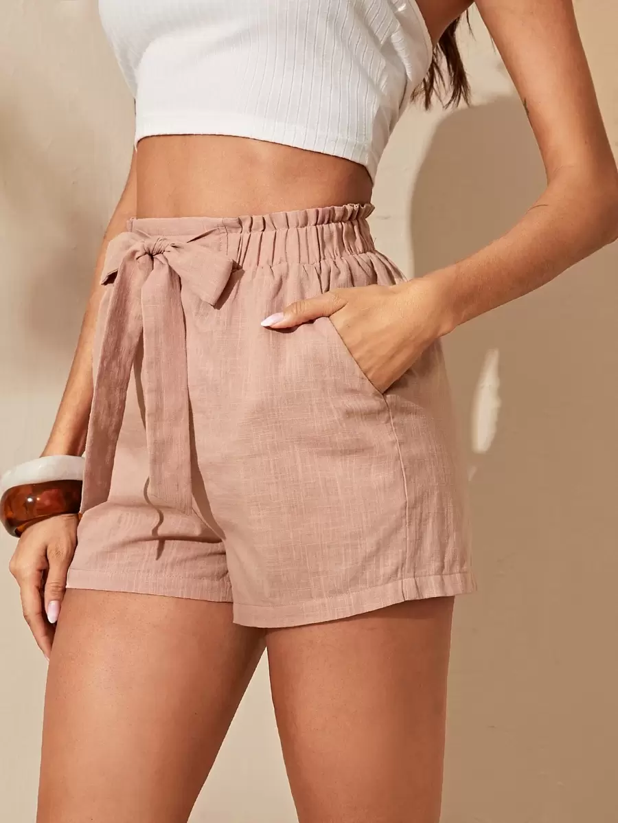 SHEIN Essnce Shorts con nudo delantero de cintura con volante - Rosa - Ver 1