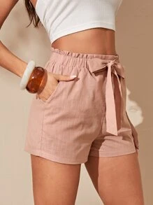 SHEIN Essnce Shorts con nudo delantero de cintura con volante - Rosa - Ver 4