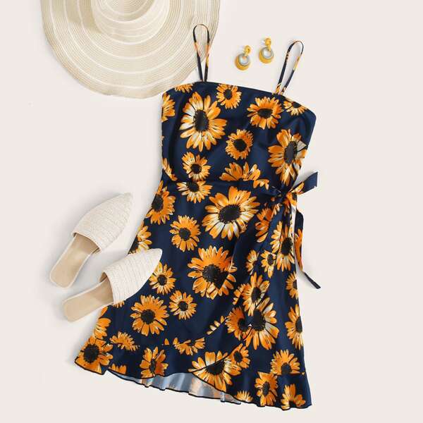

Shirred Back Sunflower Print Knot Side Ruffle Hem Wrap Dress, Navy blue