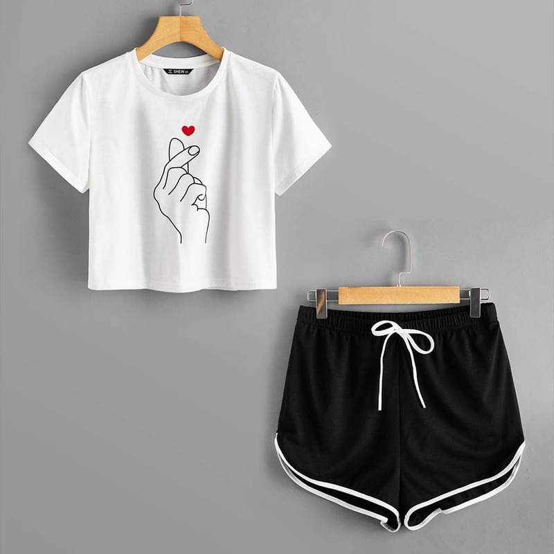 

Gesture Print Tee and Dolphin Shorts PJ Set, Black and white