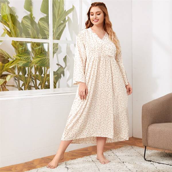 

Plus Ditsy Floral Print Lace Panel Night Dress, Beige