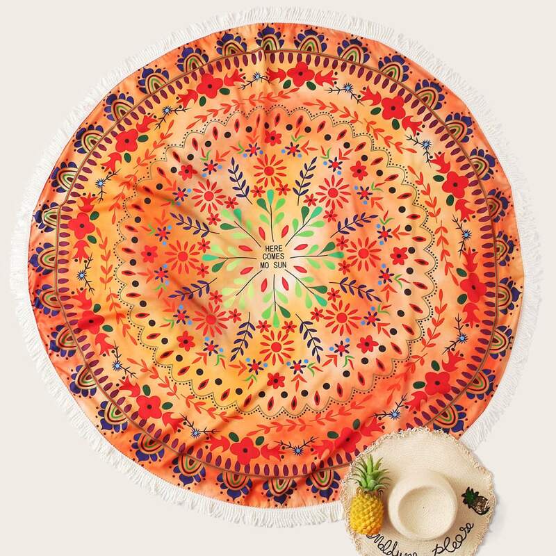 

Floral Round Beach Blanket, Orange