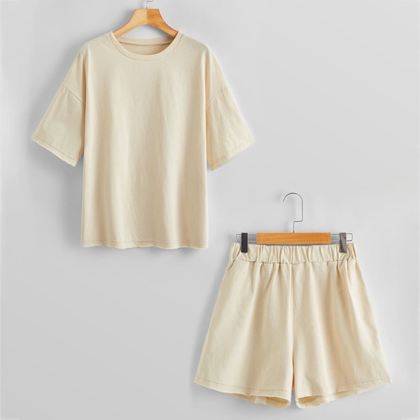 

Solid Drop Shoulder Tee & Track Shorts, Beige