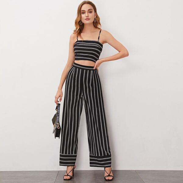 

Tie Back Stripe Cami Top & Wide Leg Pants, Black