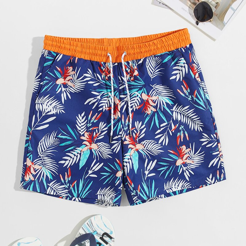 

Guys Drawstring Waist Tropical Print Shorts, Blue