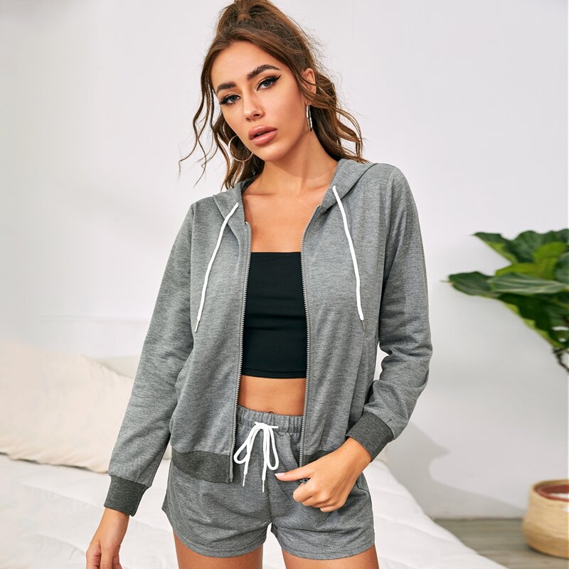 

Zip Up Hoodie & Drawstring Shorts Pajama Set, Grey
