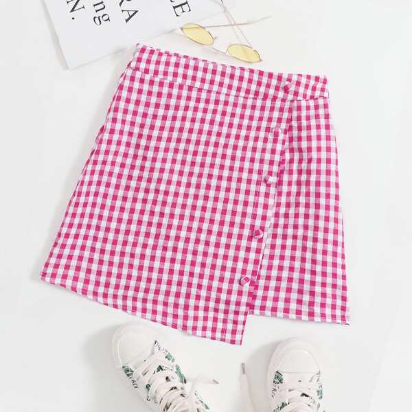 

Covered Button Front Asymmetrical Hem Gingham Skirt, Pink