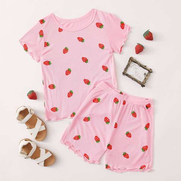 

Toddler Girls Strawberry Print Lettuce Trim Tee & Shorts, Pink
