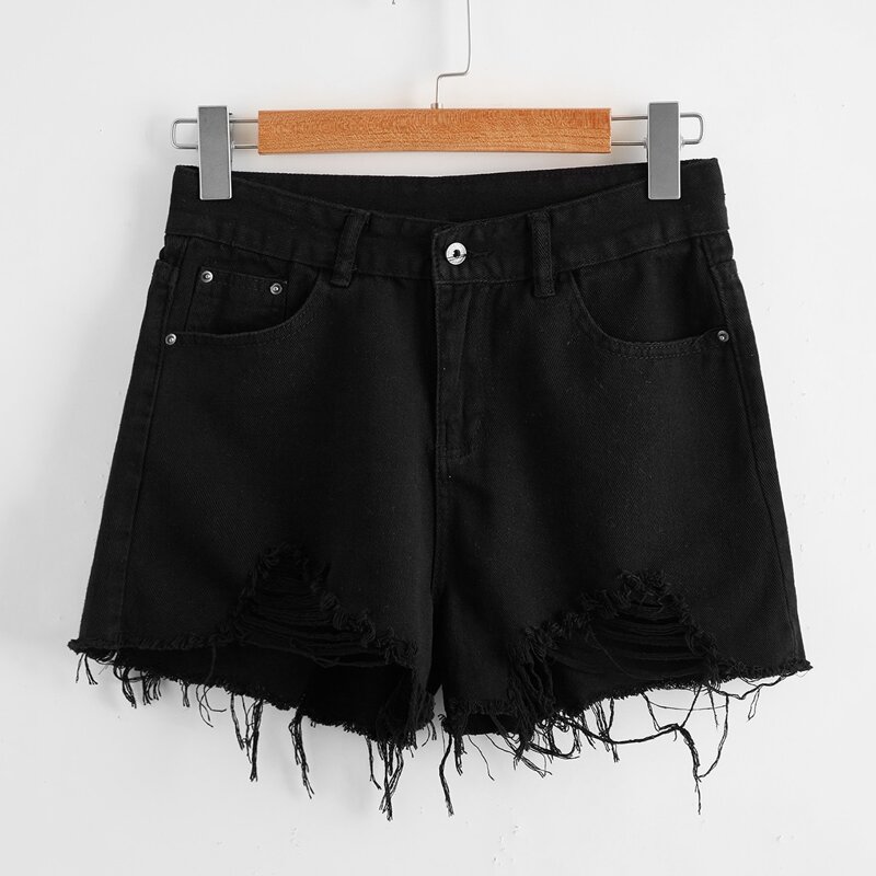 

Raw Hem Ripped Denim Shorts, Black