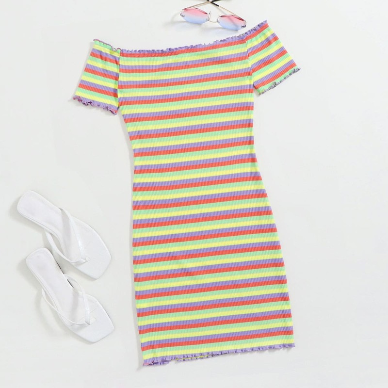 

Off Shoulder Lettuce Trim Rib-knit Colorful Striped Dress, Multicolor