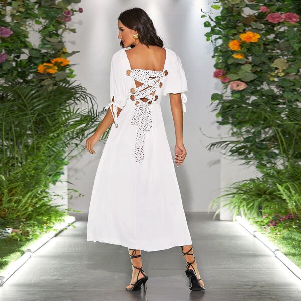 

Polka-dot Lace Up Back Knotted Cuff Dress, White