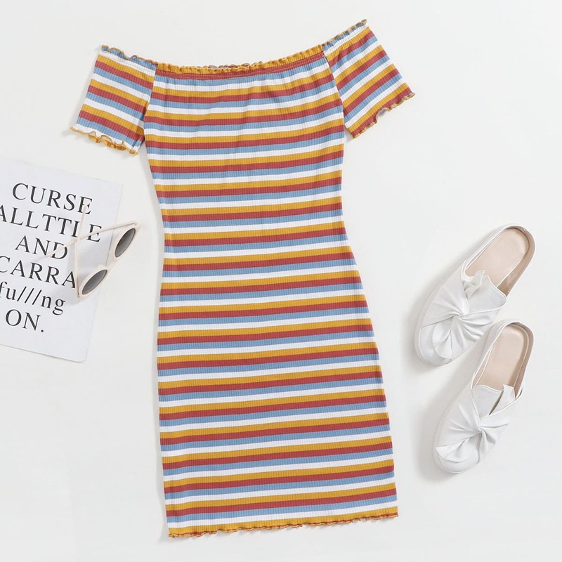 

Off Shoulder Lettuce Trim Rib-knit Striped Dress, Multicolor