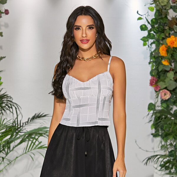 

Shirred Back Dot Print Cami Top, White