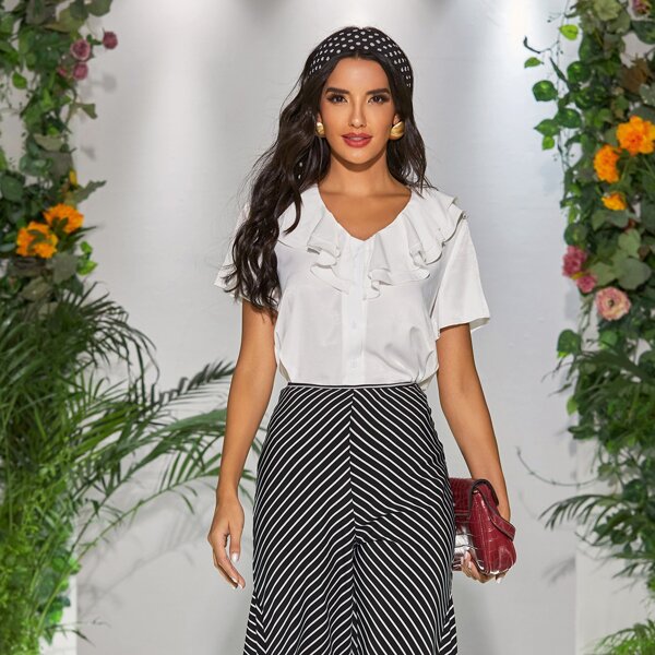 

Button Front Layered Ruffle Blouse, White