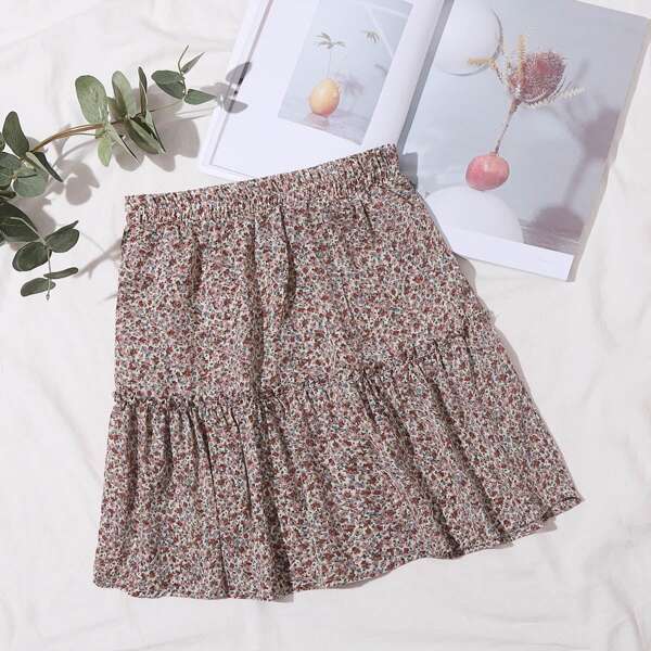 

Elastic Waist Ditsy Floral Ruffle Hem Skirt, Multicolor