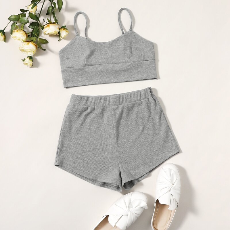 

Solid Ribbed Cami Top & Shorts, Grey