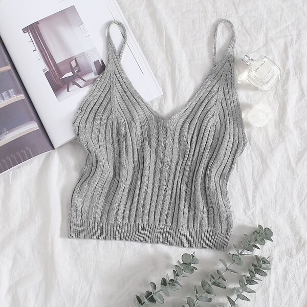 

Solid Rib-knit Top, Grey