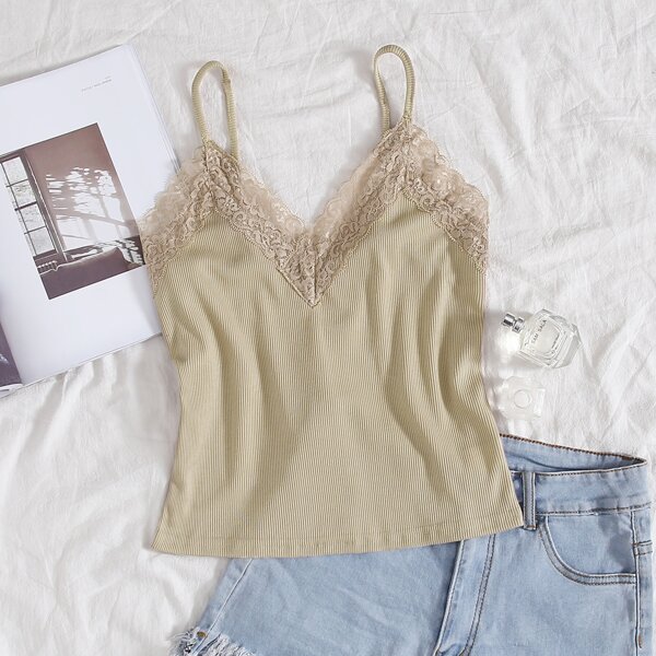 

Lace Trim Rib-knit Cami Top, Khaki