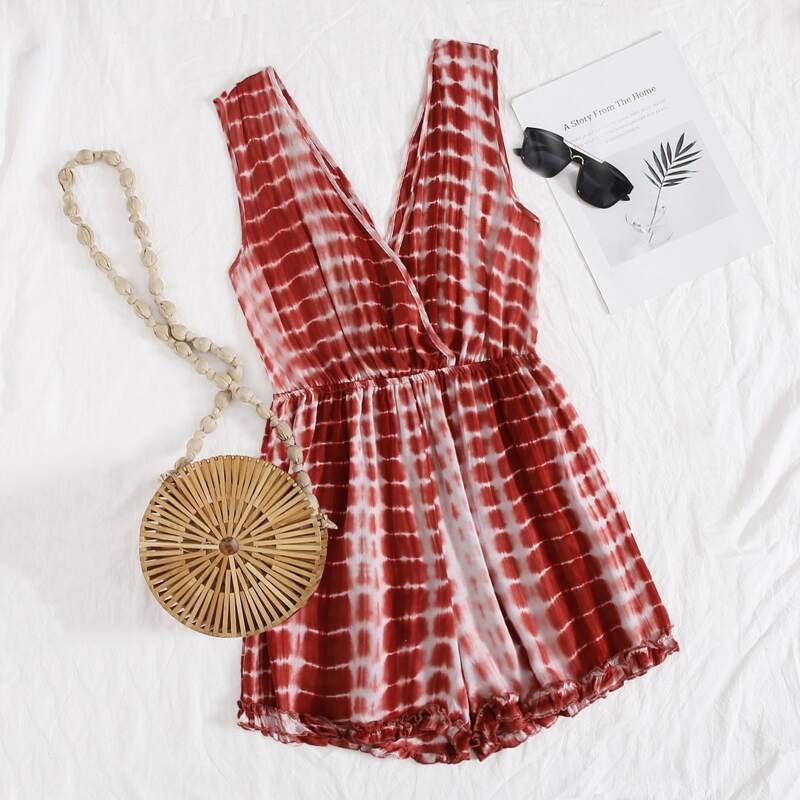 

Surplice Neck Tie Dye Frill Tank Romper, Red