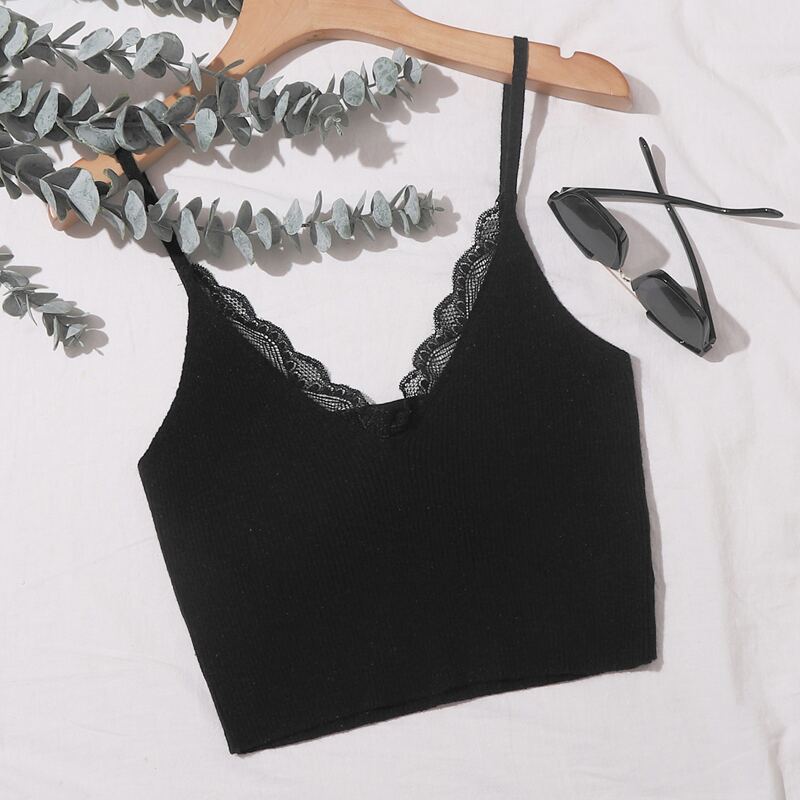

Lace Trim Rib-knit Top, Black