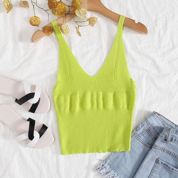 

Solid Ribbed Knit Top, Green bright