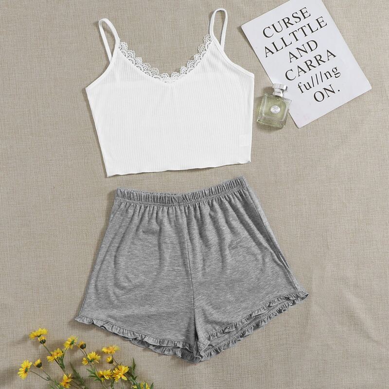 

Lace Trim Cami & Frill Trim Shorts, Multicolor