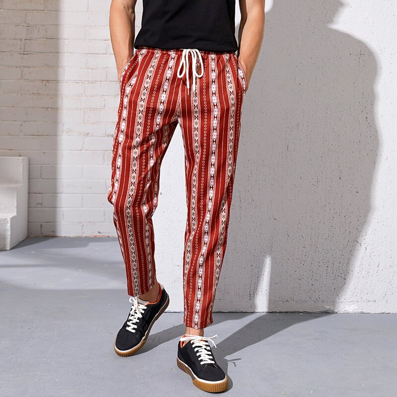 

Guys Drawstring Waist Slant Pocket Tribal Pants, Red