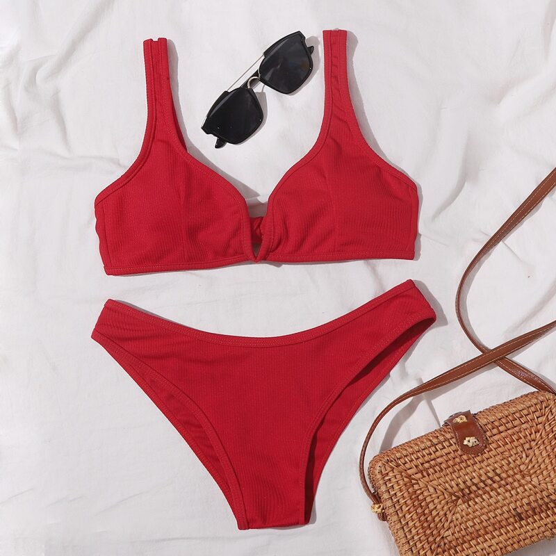 

Rib Tie Back V Wired Bikini Swimsuit, Red