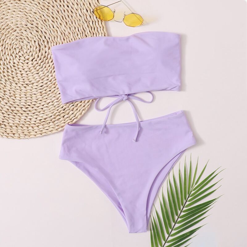 

Lace-up Back Bandeau High Waisted Bikini Swimsuit, Purple