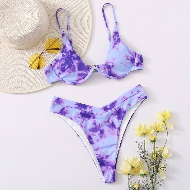 

Tie Dye Underwire High Leg Bikini Swimsuit, Multicolor