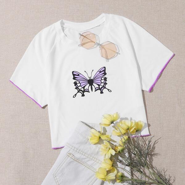 

Contrast Trim Butterfly Print Tee, White