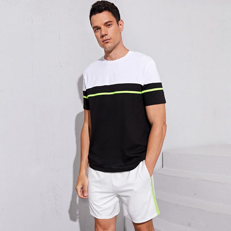 

Guys Two Tone Striped Top & Contrast Sideseam Shorts Set, Black and white