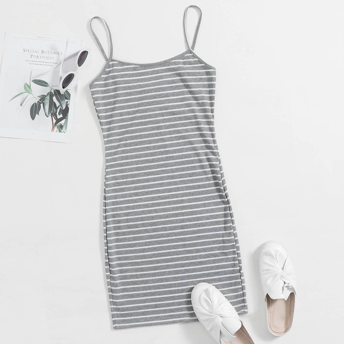 

Striped Rib-knit Bodycon Dress, Grey