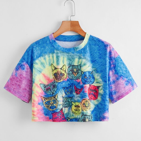 

Cartoon Cat Print Tie Dye Crop Tee, Multicolor