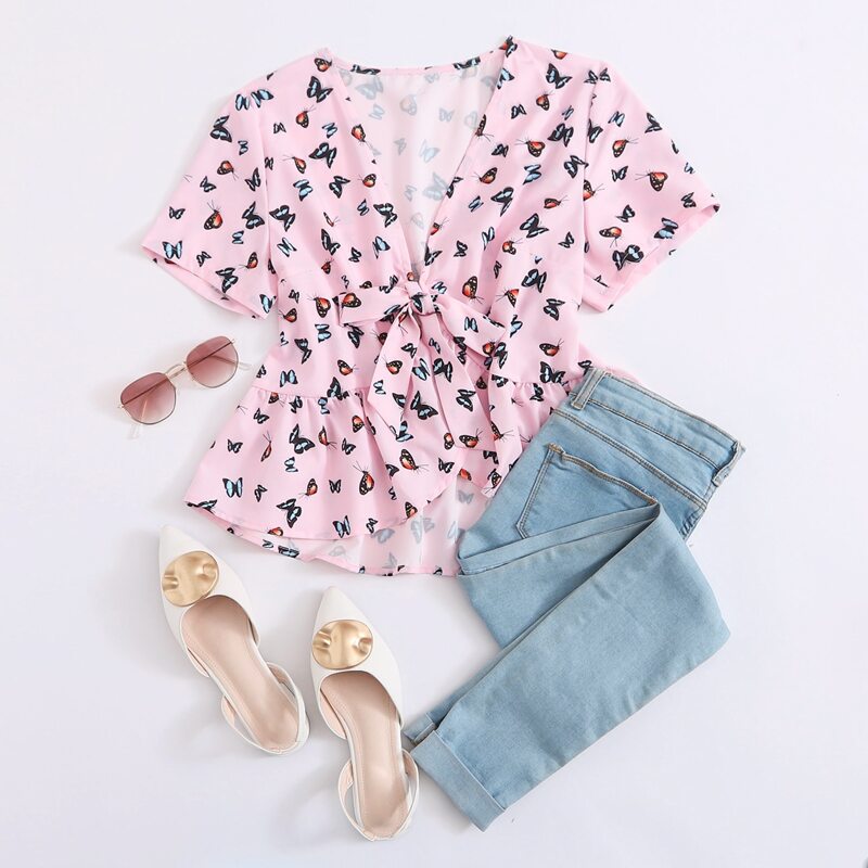 

Butterfly Print Tie Front Top, Pink