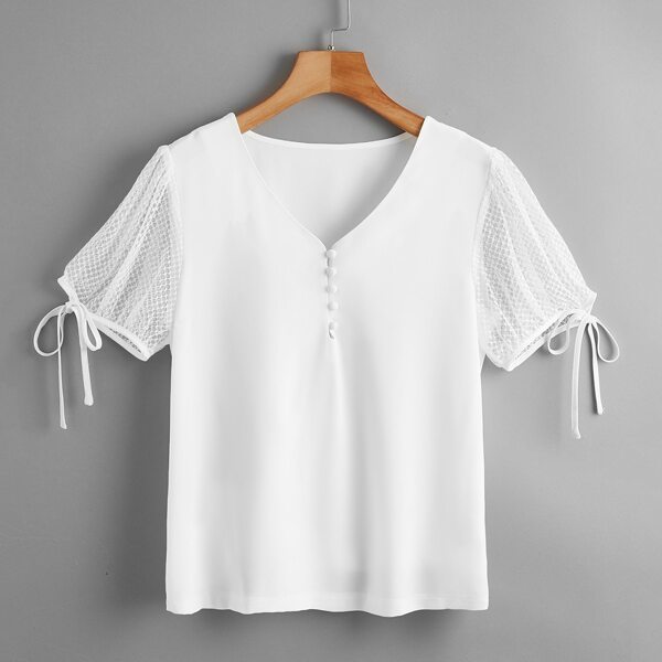 

Half Button Front Knot Cuff Top, White