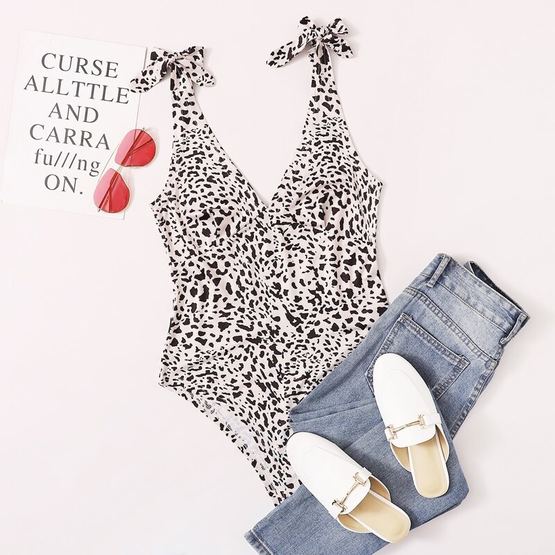 

All Over Print Tie Shoulder Bodysuit, Black and white